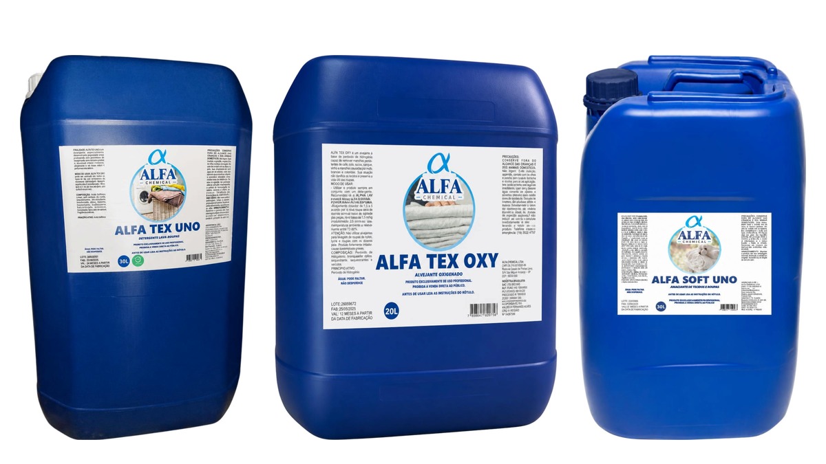 Produtos da linha de lavanderia da Alfa Chemical: Alfa Tex Uno, Alfa Tex Oxy e Alfa Soft Uno
